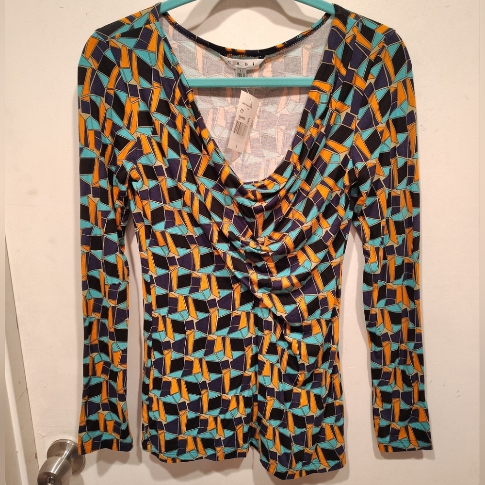 Cabi NWT Women's Artsy Geometric Drape Neck Long Sleeve Top Sz S Y2K Colorful